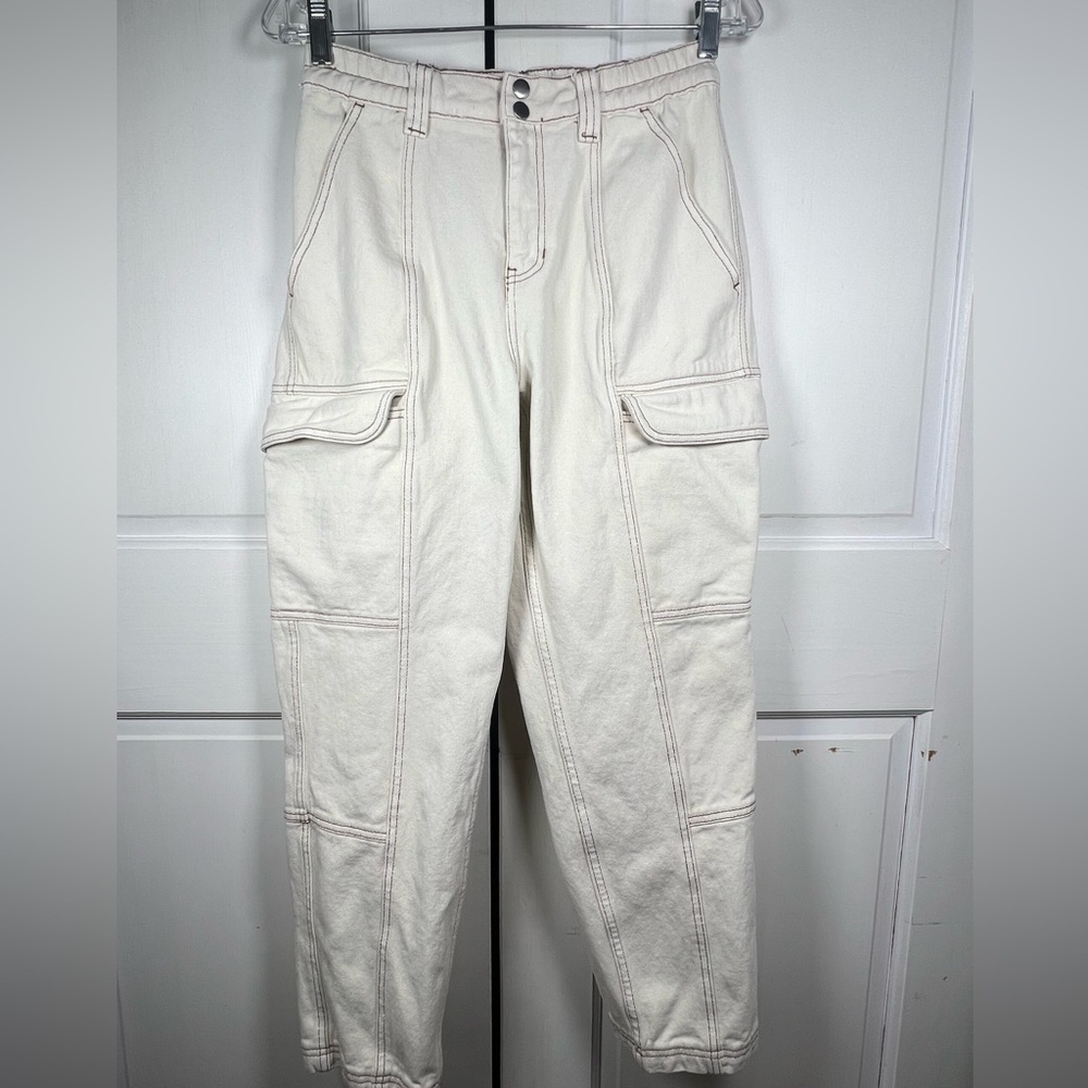 PacSun Elastic Waist Cargo Pants Bone Color Brown Stitching Size Medium - Picture 4 of 10